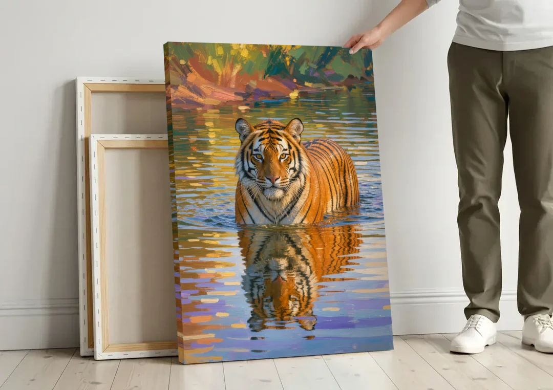 Tiger in Water Painting With Broken Reflection canvas wall art leaning against a wall next to blank canvases