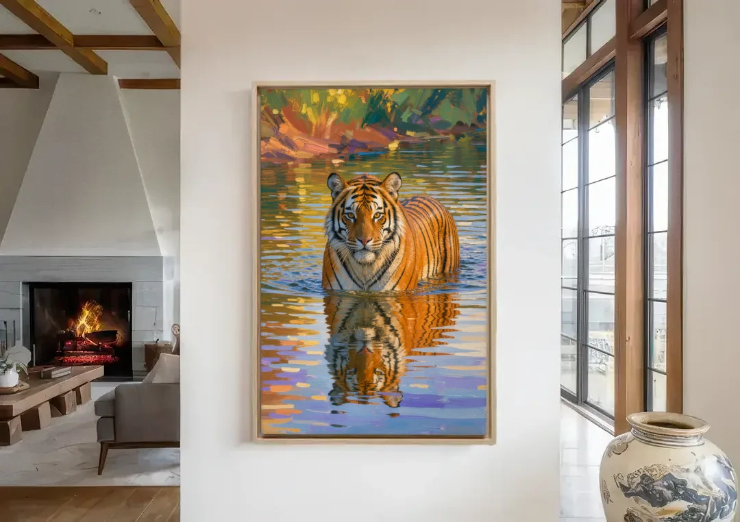Tiger in Water Painting With Broken Reflection canvas wall art in a living room with a fireplace