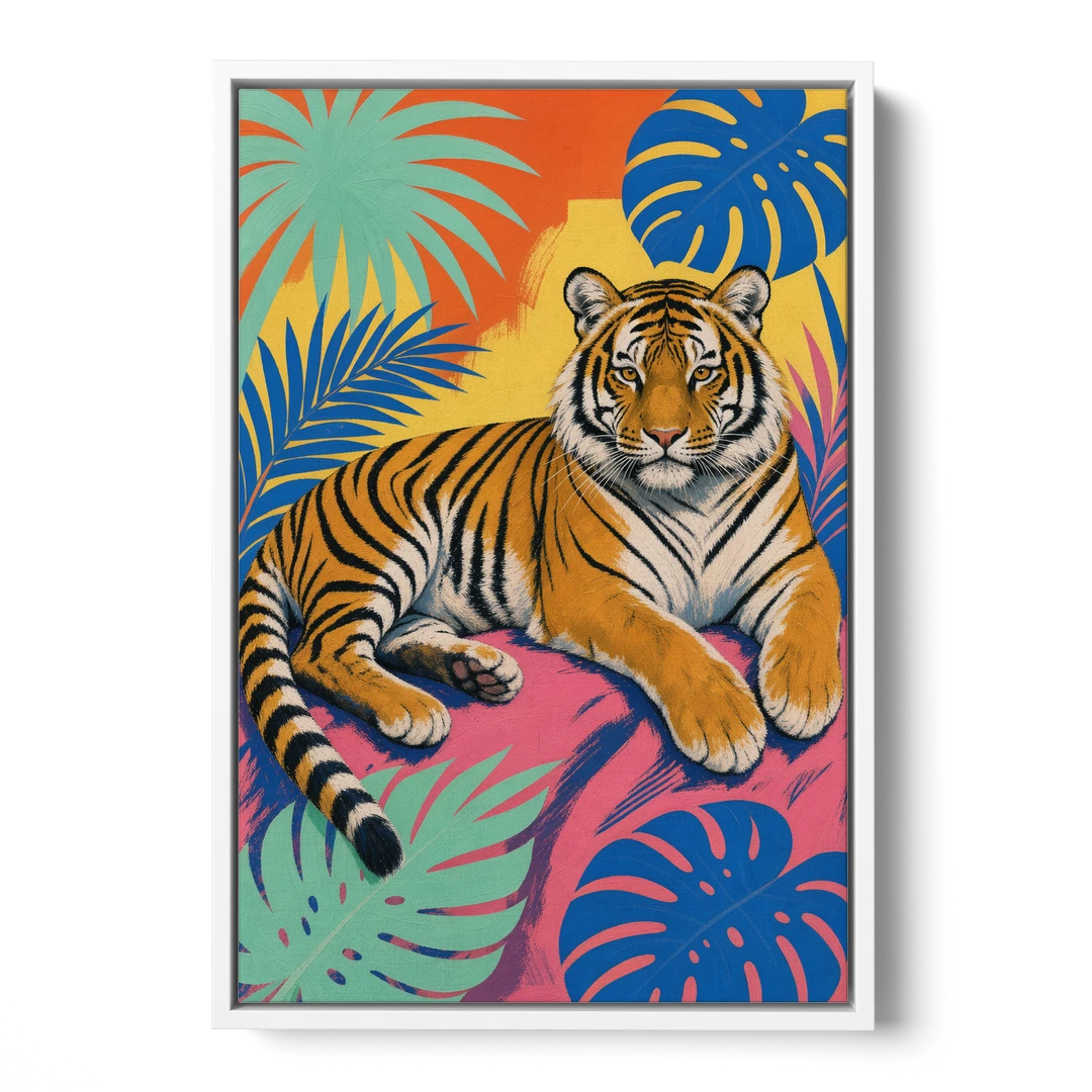 Tiger Lounging Among Monstera and Palms - White Framed Canvas Wall Art - Front