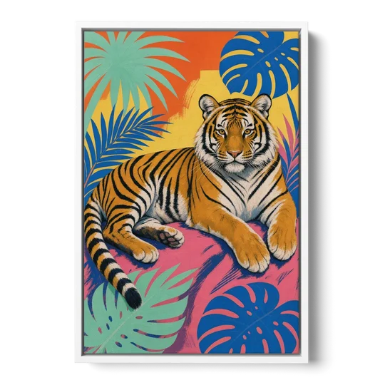 Tiger Lounging Among Monstera and Palms - White Framed Canvas Wall Art - Front