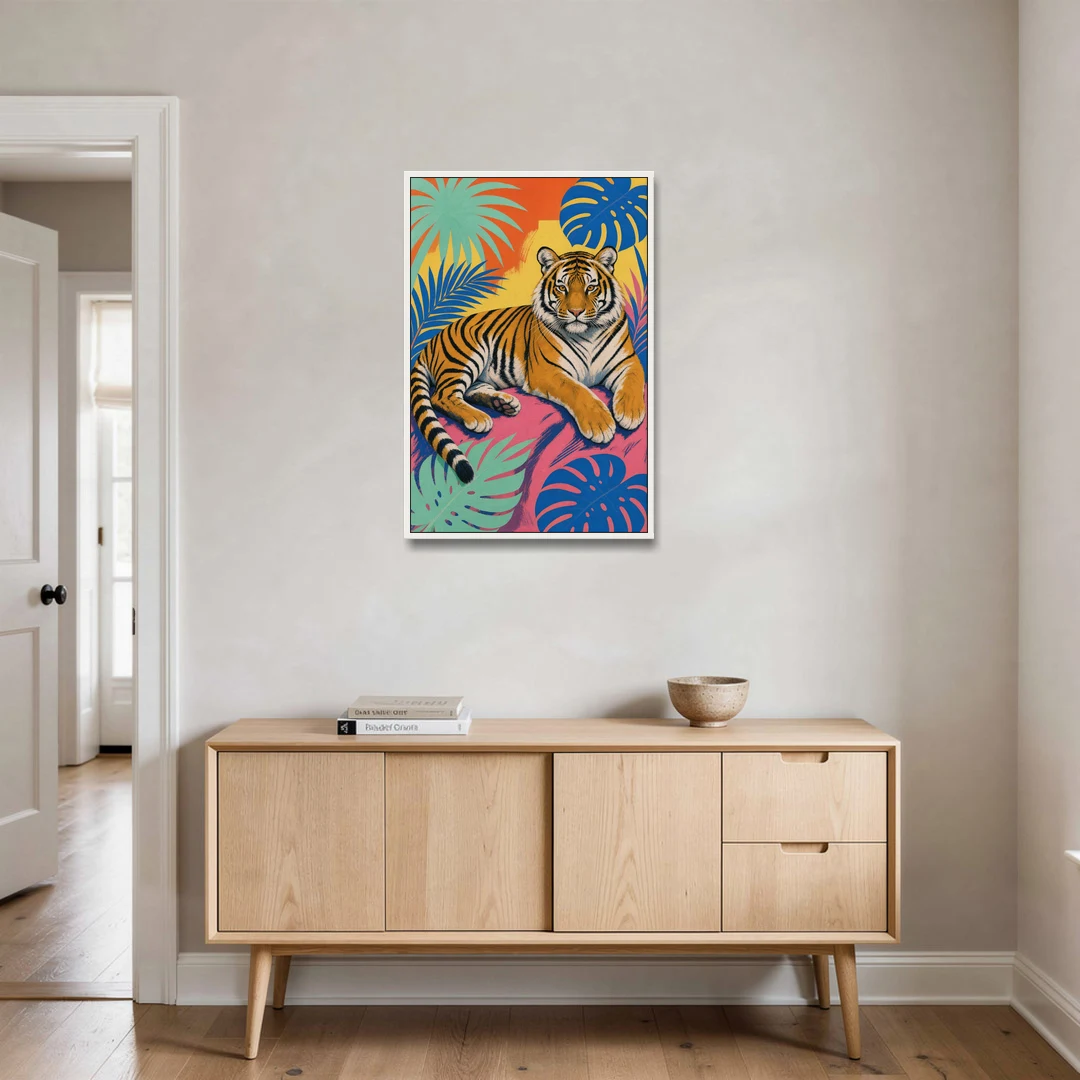 Tiger Lounging Among Monstera and Palms - White Framed Canvas Wall Art - Coffee Table - 24x36