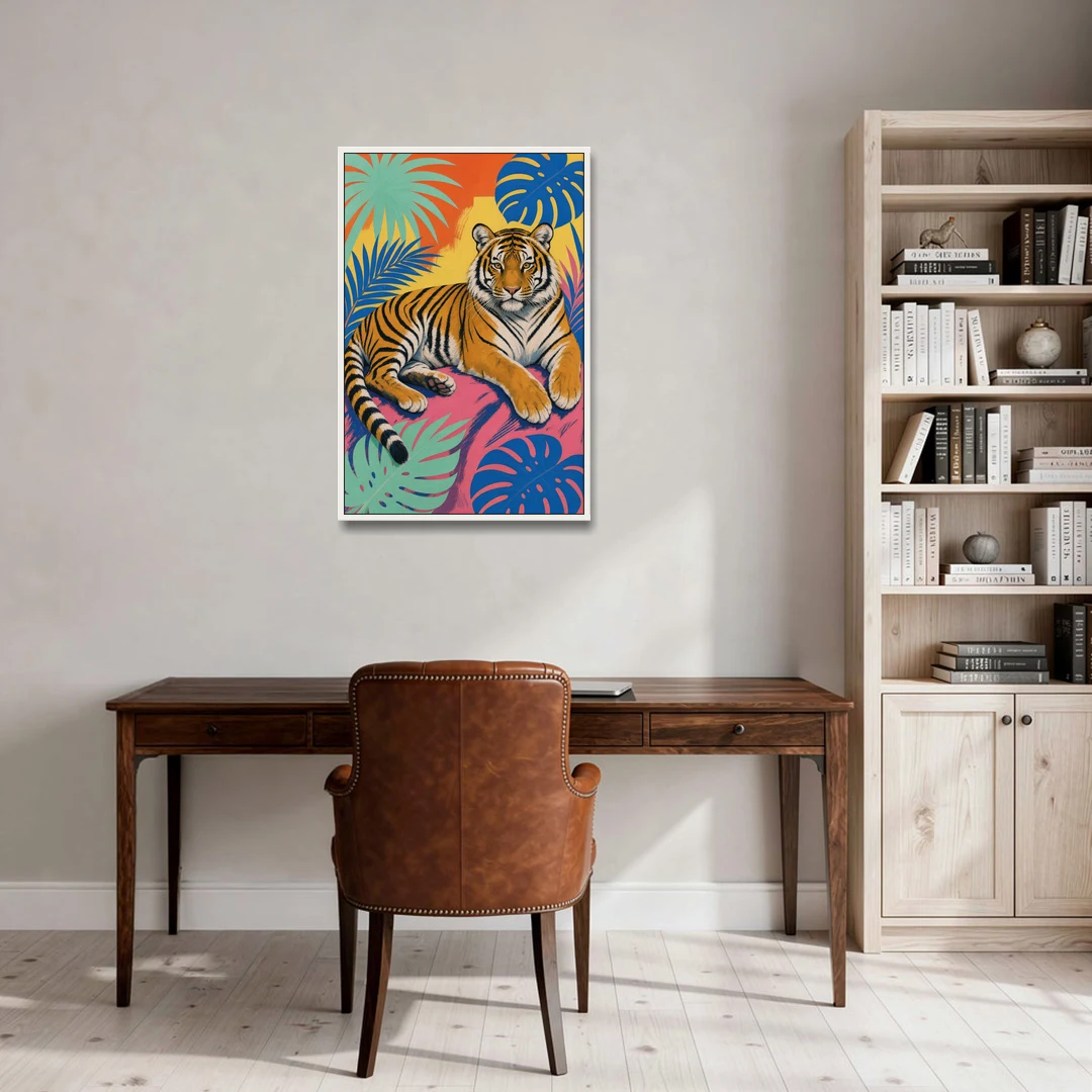Tiger Lounging Among Monstera and Palms - White Framed Canvas Wall Art - Office - 24x36