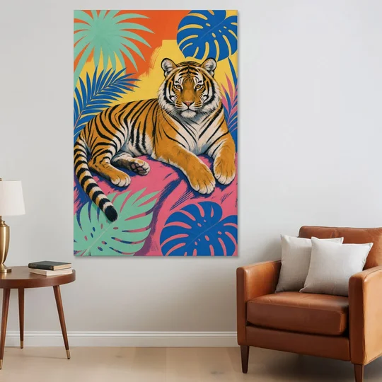 Tiger Lounging Among Monstera and Palms - Canvas Wall Art - Sofa - 40x60