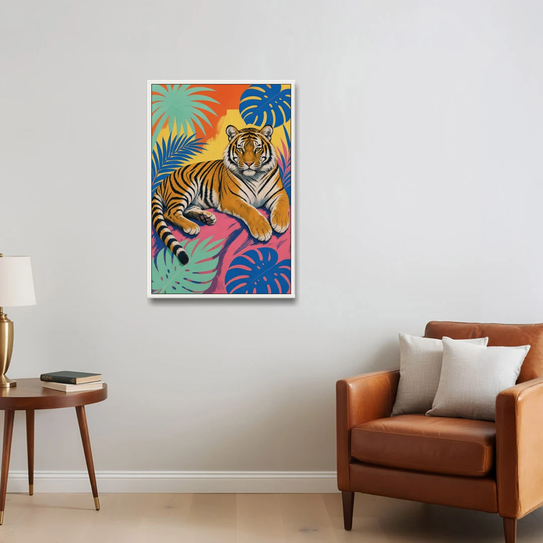 Tiger Lounging Among Monstera and Palms - White Framed Canvas Wall Art - Sofa - 24x36