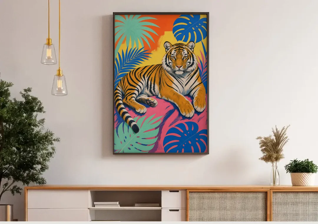 Tiger Lounging Among Monstera and Palms canvas wall art above a wooden sideboard under pendant lights