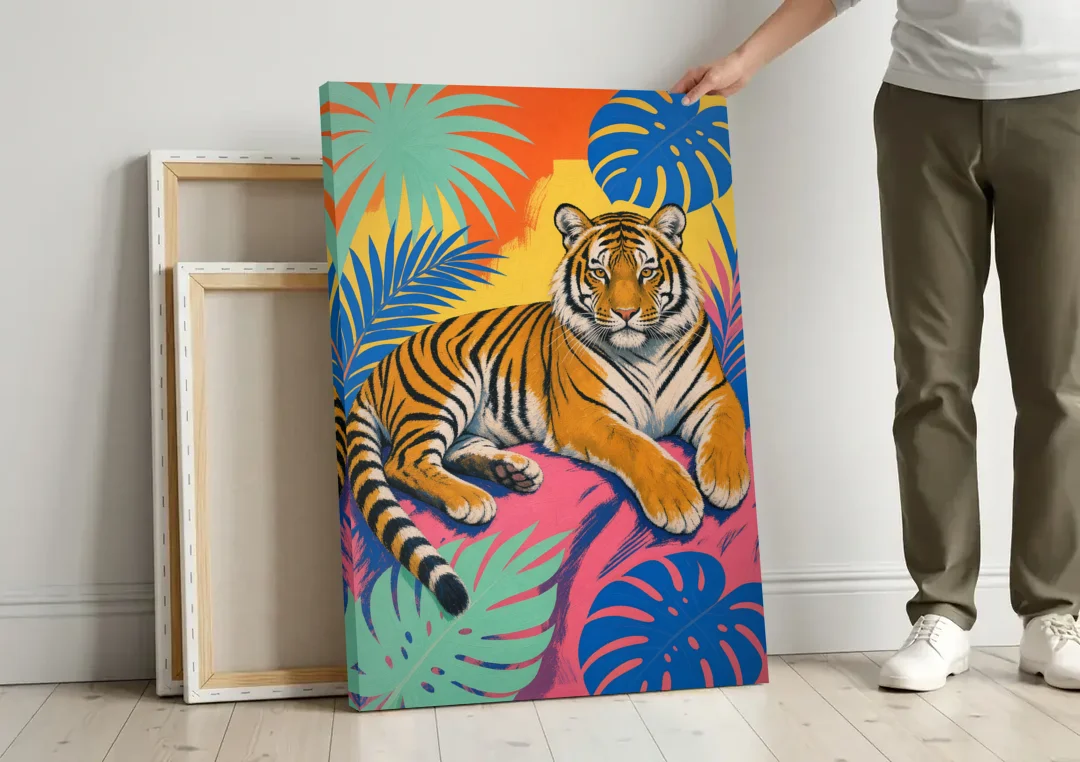 Tiger Lounging Among Monstera and Palms canvas wall art leaning against a wall next to blank canvases