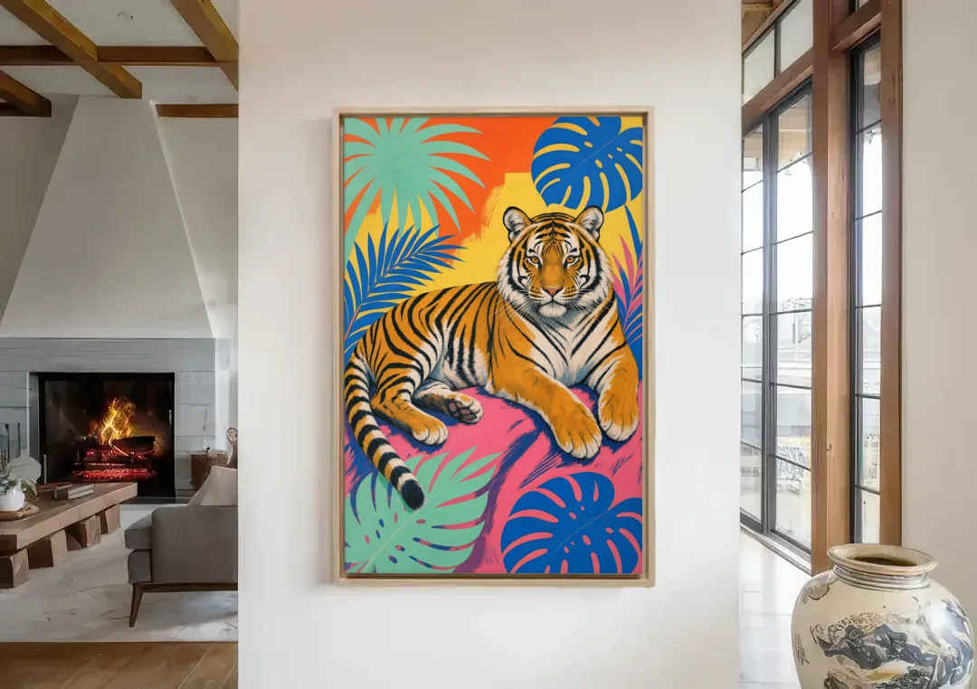 Tiger Lounging Among Monstera and Palms canvas wall art in a living room with a fireplace