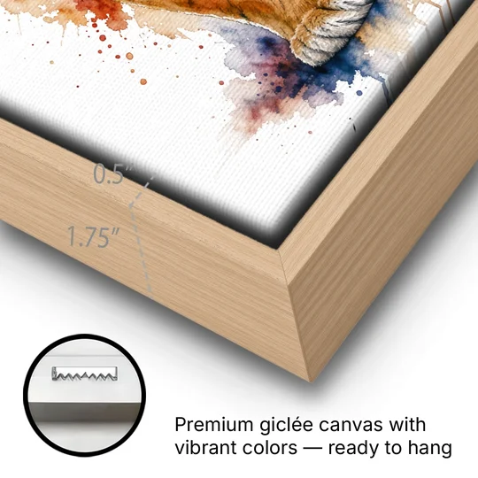 Tiger Watercolor Painting in Indigo Bloom - Oak Framed Canvas Wall Art - Gallery Wrap Corner