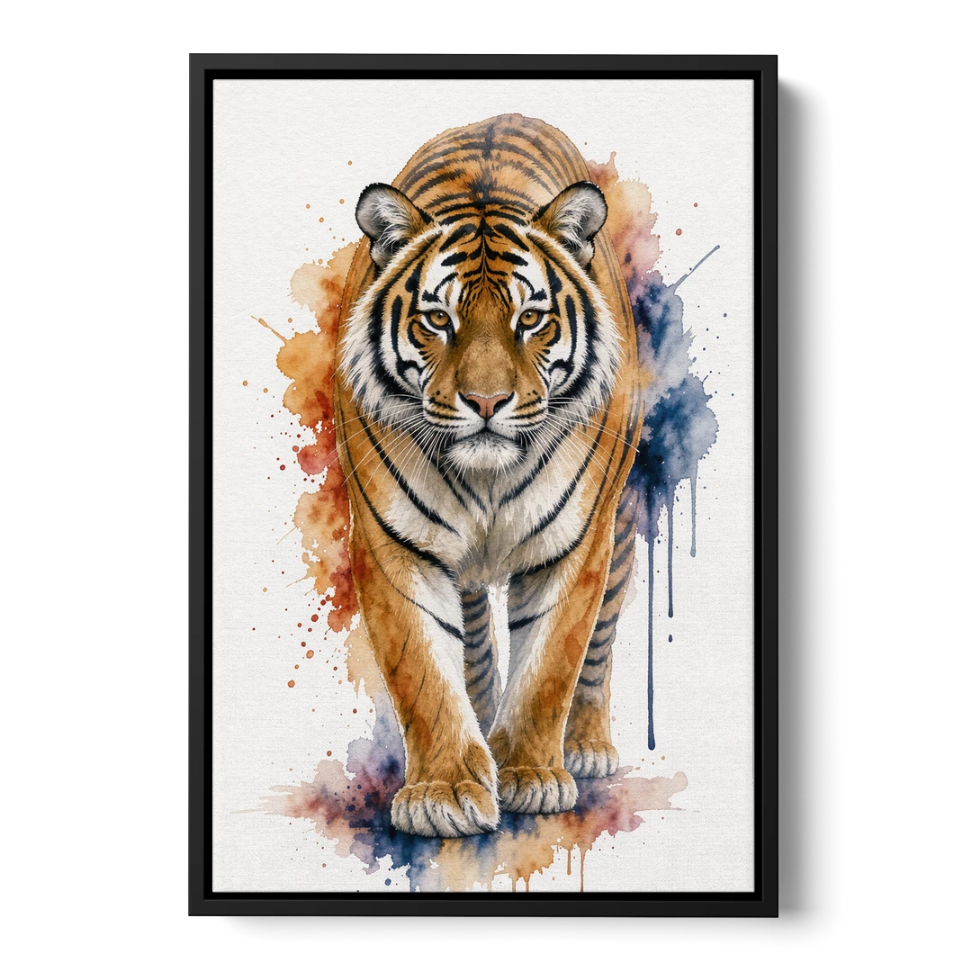 Tiger Watercolor Painting in Indigo Bloom - Black Framed Canvas Wall Art - Front