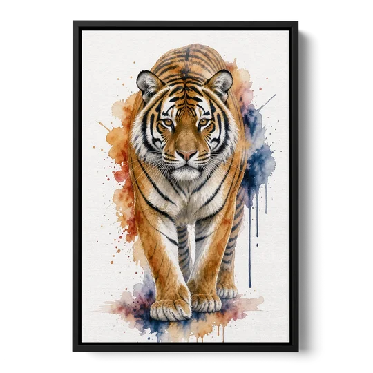 Tiger Watercolor Painting in Indigo Bloom - Black Framed Canvas Wall Art - Front