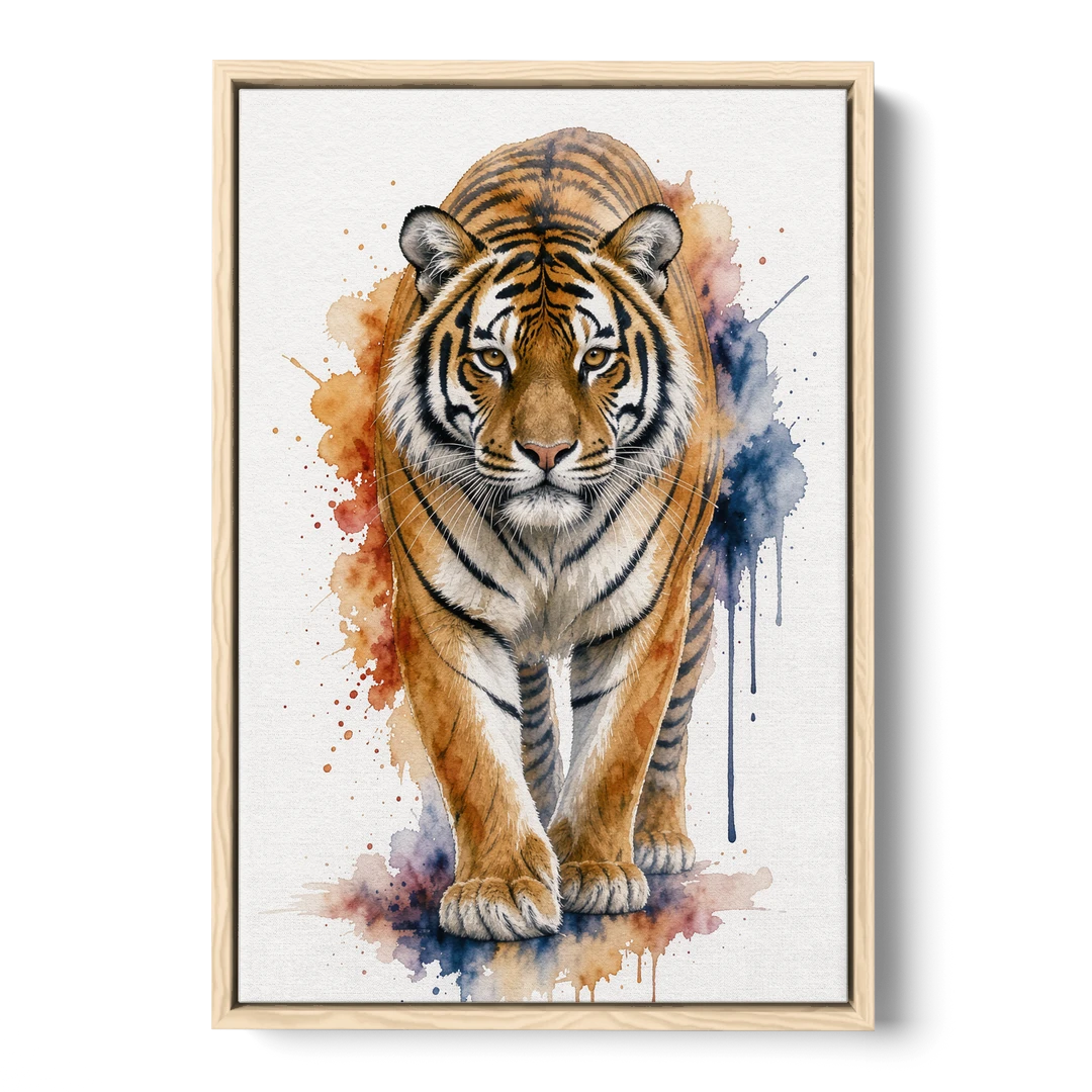 Tiger Watercolor Painting in Indigo Bloom - Oak Framed Canvas Wall Art - Front