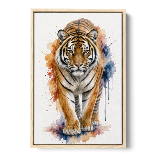 Tiger Watercolor Painting in Indigo Bloom - Oak Framed Canvas Wall Art - Front