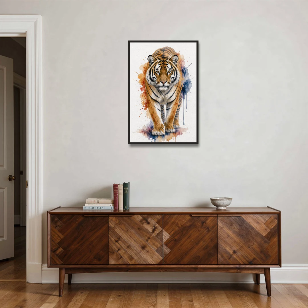 Tiger Watercolor Painting in Indigo Bloom - Black Framed Canvas Wall Art - Coffee Table - 24x36
