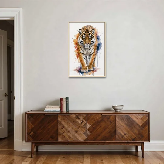 Tiger Watercolor Painting in Indigo Bloom - Oak Framed Canvas Wall Art - Coffee Table - 24x36