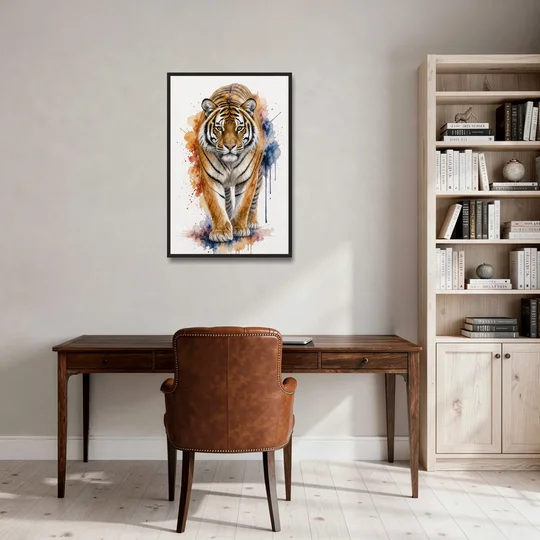 Tiger Watercolor Painting in Indigo Bloom - Black Framed Canvas Wall Art - Office - 24x36