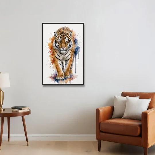 Tiger Watercolor Painting in Indigo Bloom - Black Framed Canvas Wall Art - Sofa - 24x36