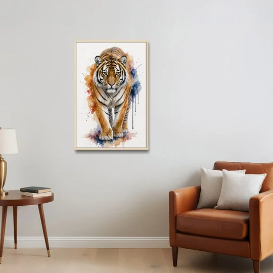 Tiger Watercolor Painting in Indigo Bloom - Oak Framed Canvas Wall Art - Sofa - 24x36