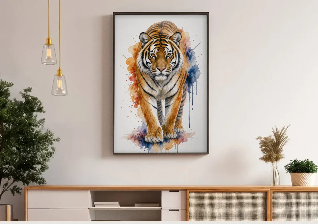 Tiger Watercolor Painting in Indigo Bloom canvas wall art above a wooden sideboard under pendant lights