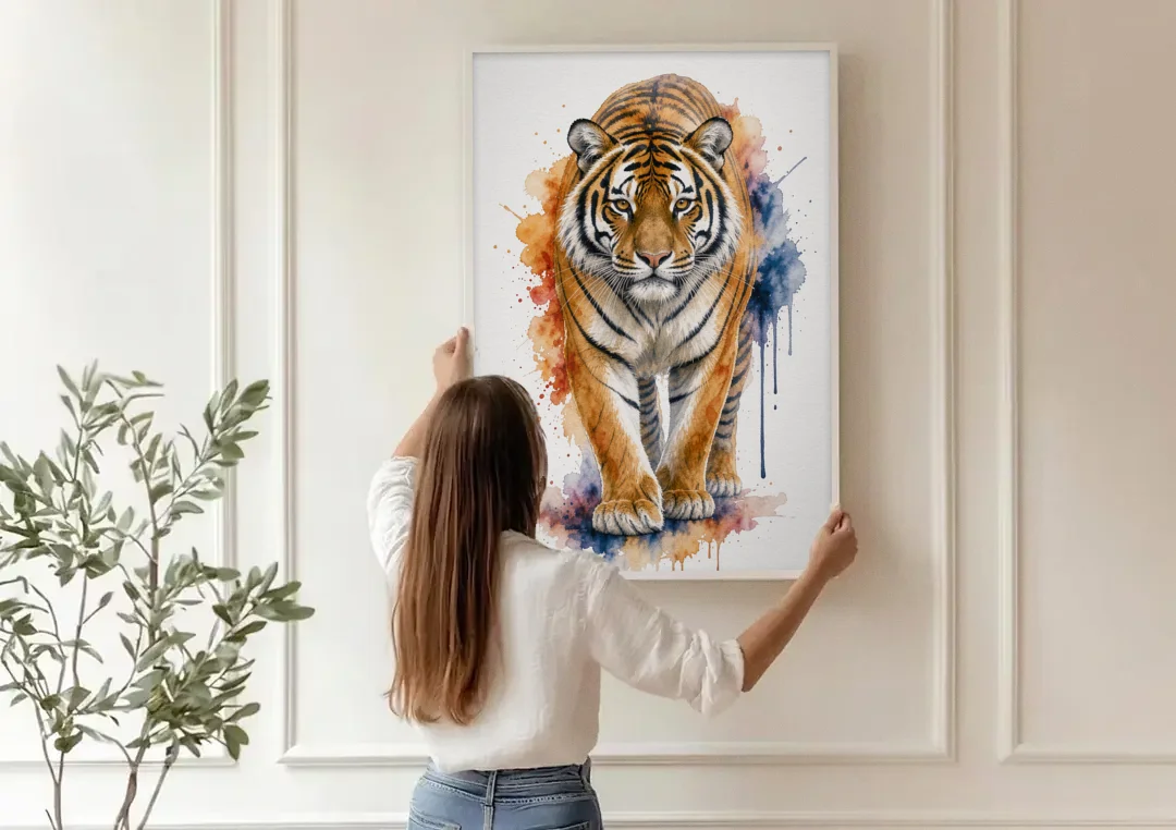 Tiger Watercolor Painting in Indigo Bloom canvas wall art being hung on a paneled wall