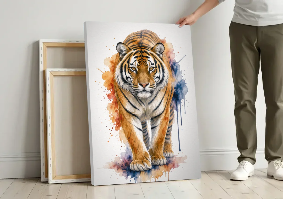Tiger Watercolor Painting in Indigo Bloom canvas wall art leaning against a wall next to blank canvases