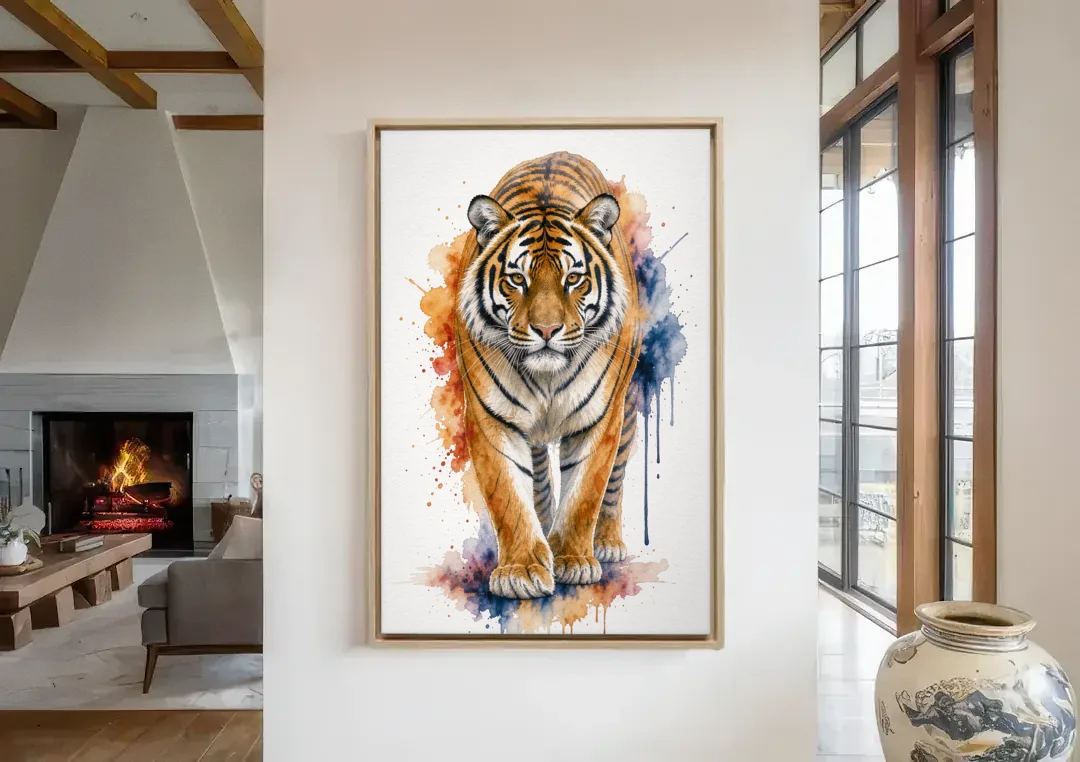 Tiger Watercolor Painting in Indigo Bloom canvas wall art in a living room with a fireplace