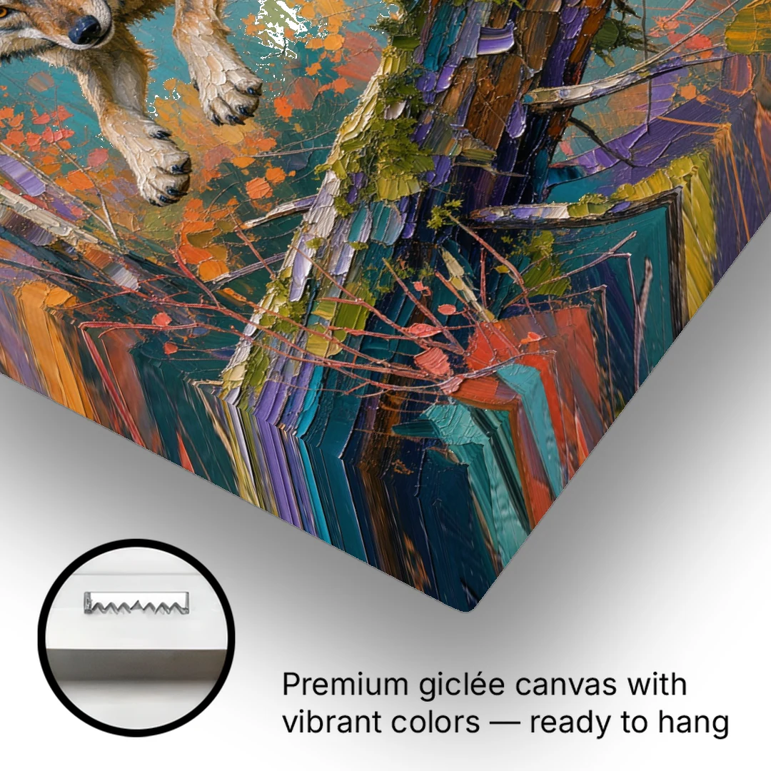 Timber Wolf Painting Leaping the Mossy Log - Canvas Wall Art - Gallery Wrap Corner