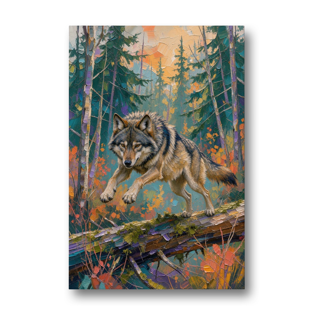 Timber Wolf Painting Leaping the Mossy Log - Canvas Wall Art - Front