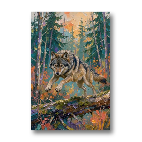 Timber Wolf Painting Leaping the Mossy Log - Canvas Wall Art - Front
