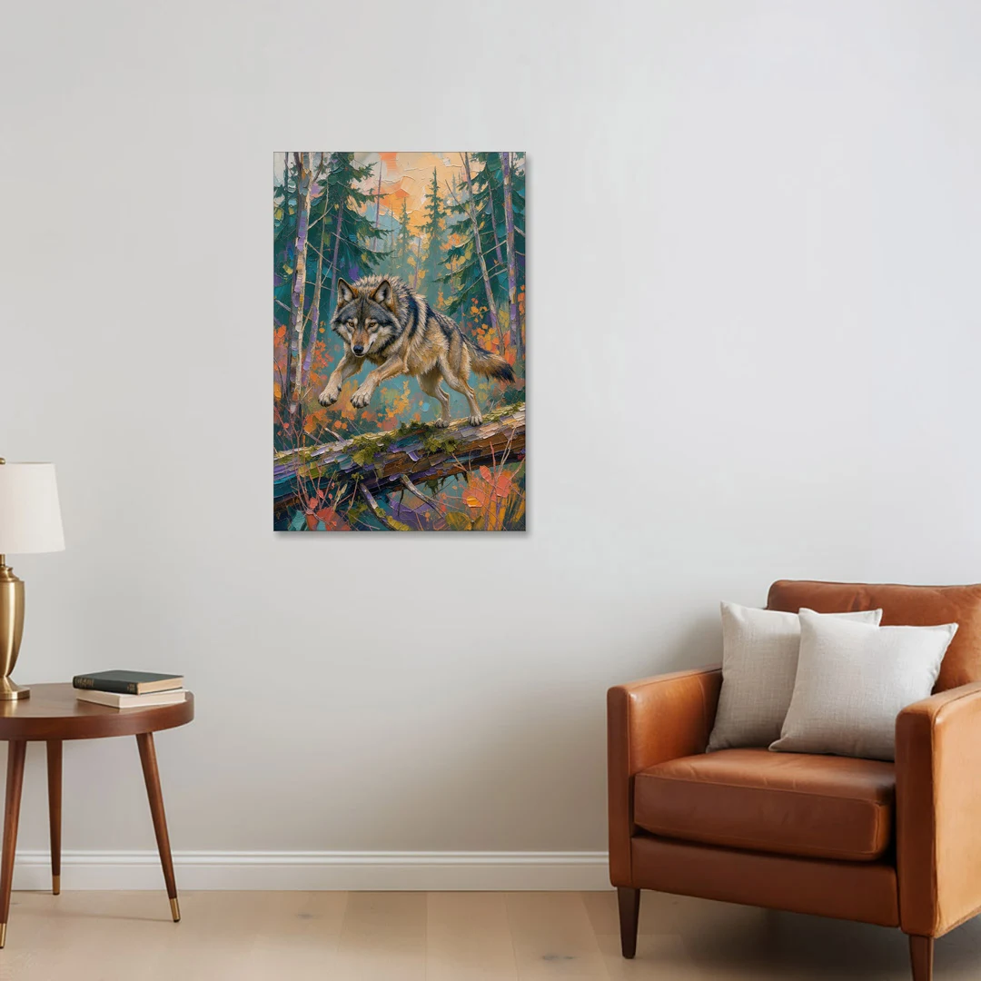 Timber Wolf Painting Leaping the Mossy Log - Canvas Wall Art - Sofa - 24x36