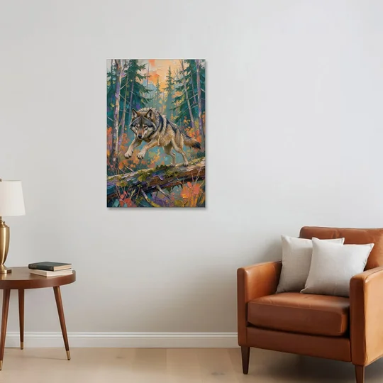 Timber Wolf Painting Leaping the Mossy Log - Canvas Wall Art - Sofa - 24x36