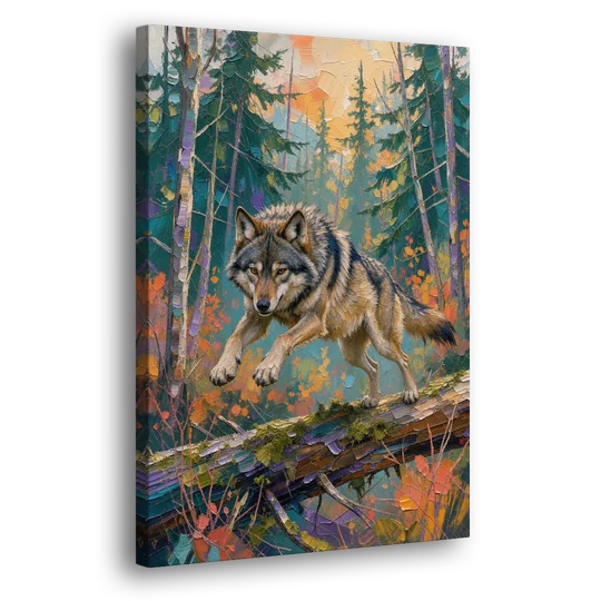 Timber Wolf Painting Leaping the Mossy Log - Canvas Wall Art - Side