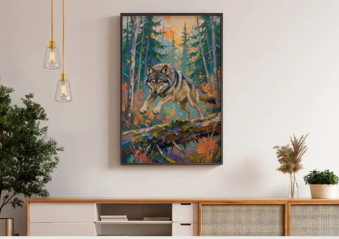 Timber Wolf Painting Leaping the Mossy Log canvas wall art above a wooden sideboard under pendant lights