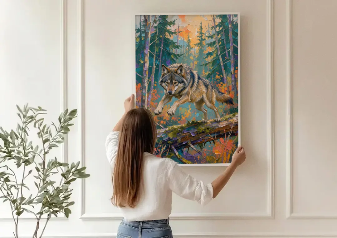 Timber Wolf Painting Leaping the Mossy Log canvas wall art being hung on a paneled wall