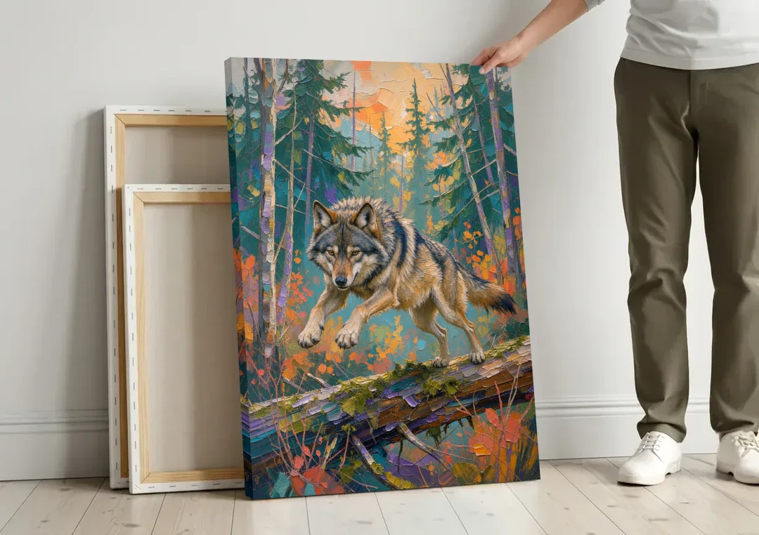 Timber Wolf Painting Leaping the Mossy Log canvas wall art leaning against a wall next to blank canvases