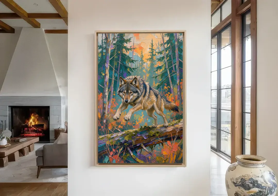 Timber Wolf Painting Leaping the Mossy Log canvas wall art in a living room with a fireplace