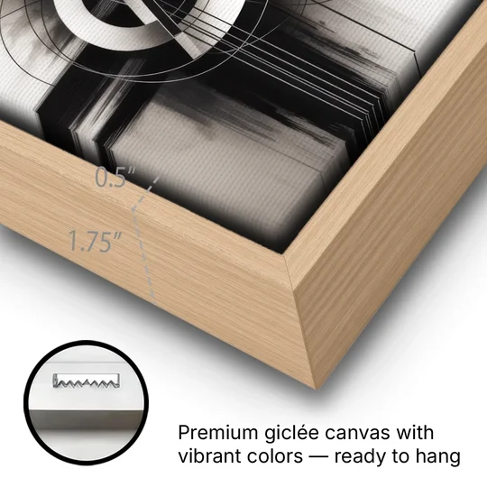 Timeless Geometric Fluidity Black and White Abstract - Oak Framed Canvas Wall Art - Gallery Wrap Corner