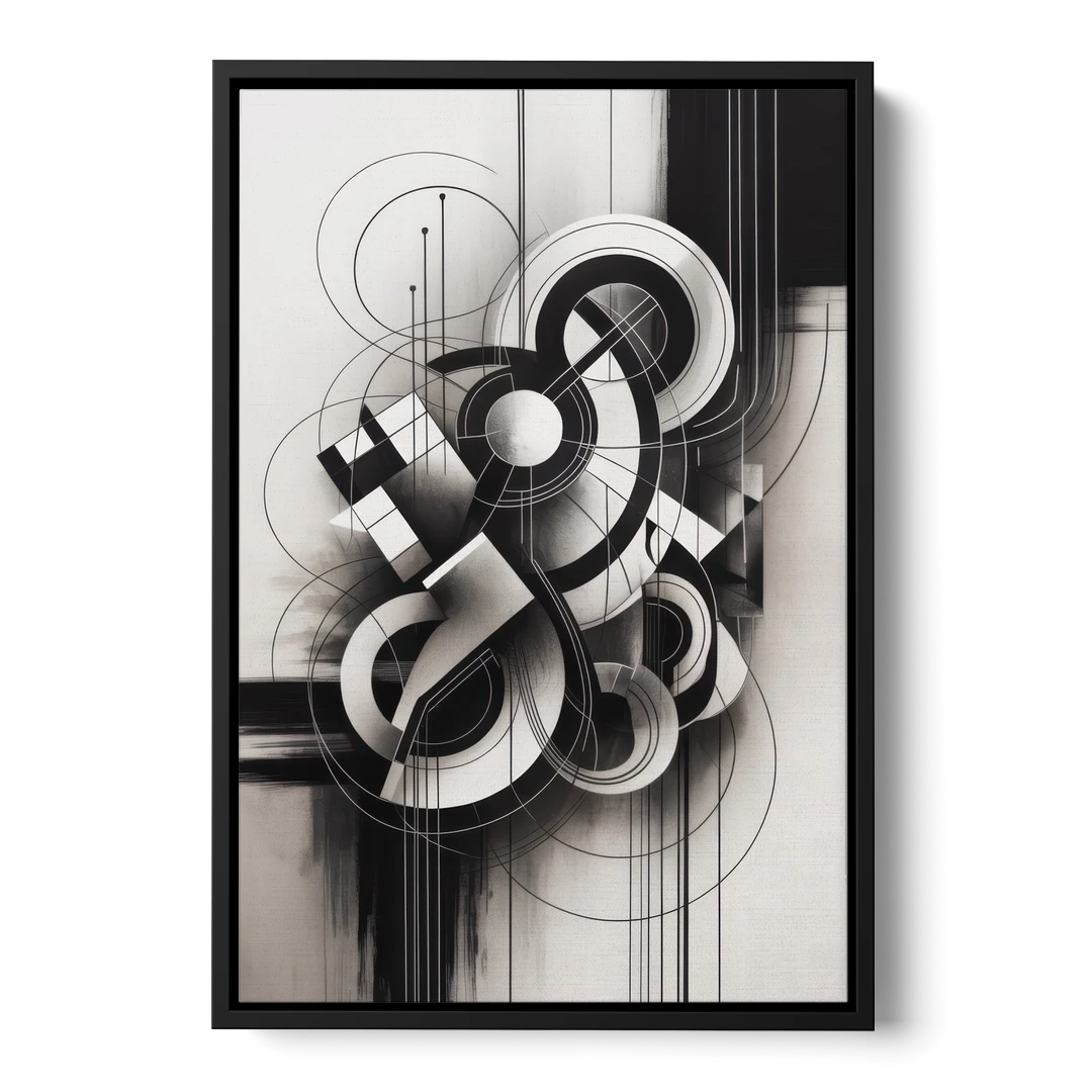 Timeless Geometric Fluidity Black and White Abstract - Black Framed Canvas Wall Art - Front