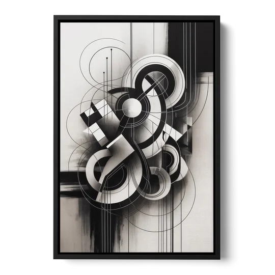 Timeless Geometric Fluidity Black and White Abstract - Black Framed Canvas Wall Art - Front