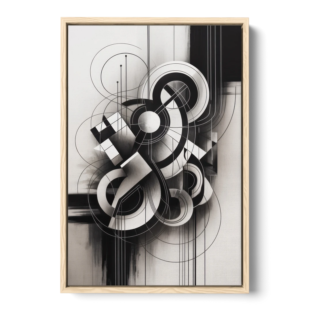 Timeless Geometric Fluidity Black and White Abstract - Oak Framed Canvas Wall Art - Front