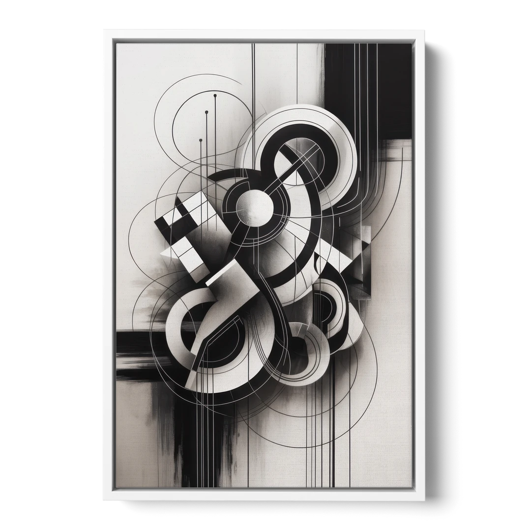 Timeless Geometric Fluidity Black and White Abstract - White Framed Canvas Wall Art - Front