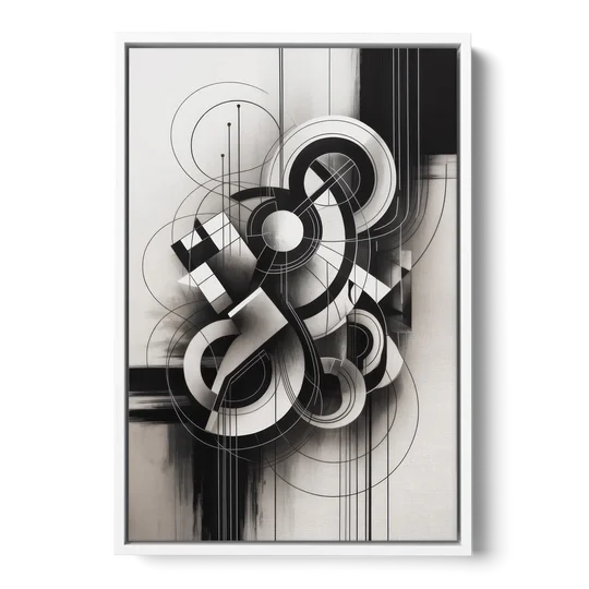 Timeless Geometric Fluidity Black and White Abstract - White Framed Canvas Wall Art - Front