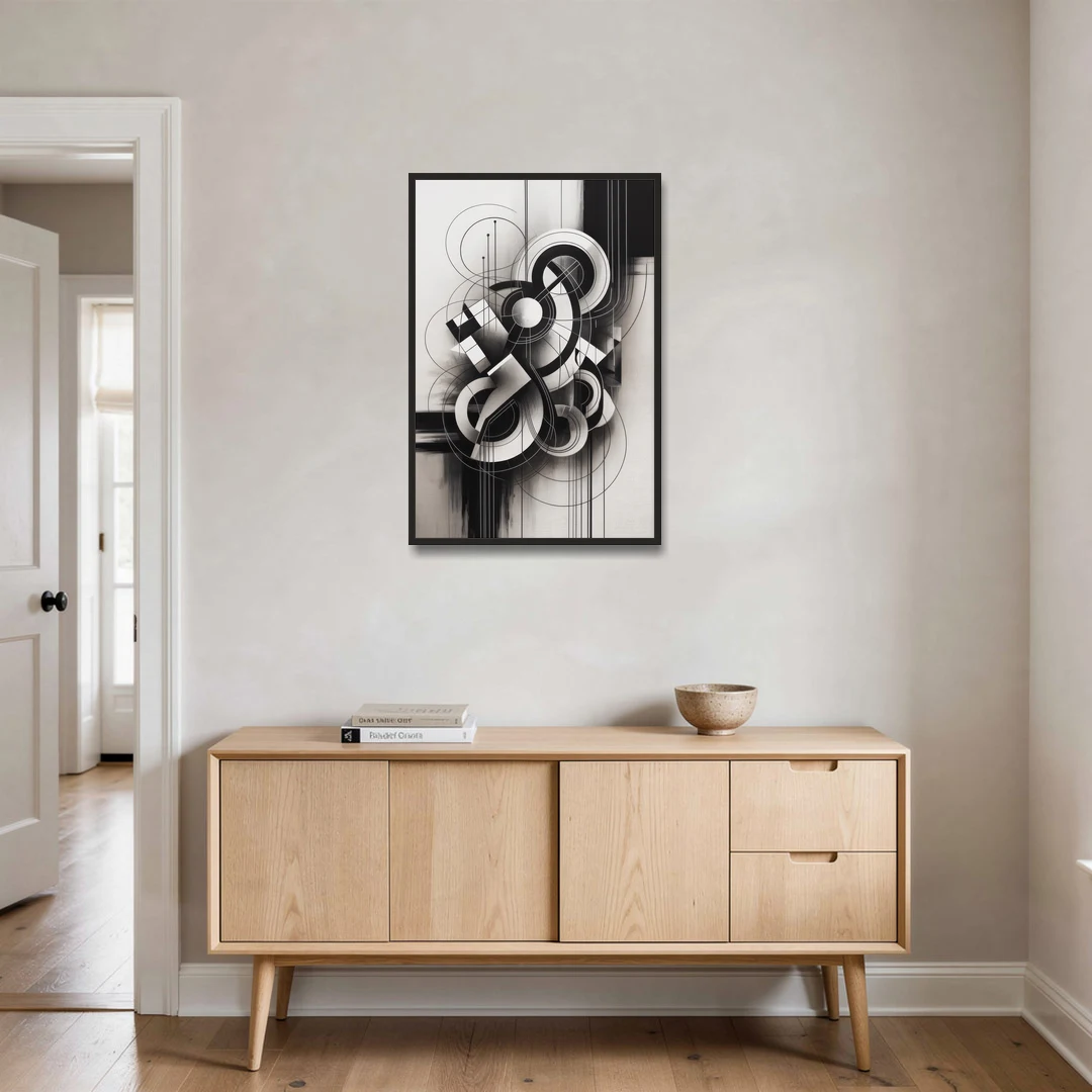 Timeless Geometric Fluidity Black and White Abstract - Black Framed Canvas Wall Art - Coffee Table - 24x36