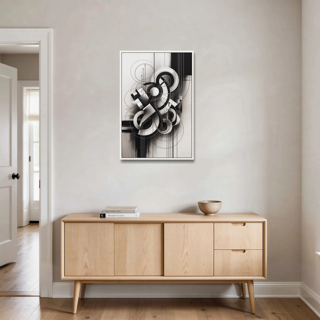 Timeless Geometric Fluidity Black and White Abstract - White Framed Canvas Wall Art - Coffee Table - 24x36