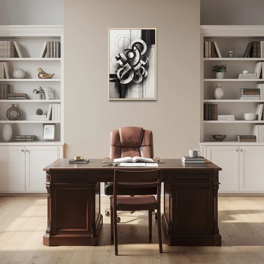 Timeless Geometric Fluidity Black and White Abstract - Oak Framed Canvas Wall Art - Office - 24x36