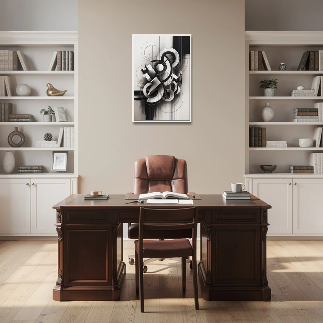 Timeless Geometric Fluidity Black and White Abstract - White Framed Canvas Wall Art - Office - 24x36