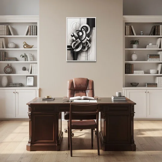 Timeless Geometric Fluidity Black and White Abstract - White Framed Canvas Wall Art - Office - 24x36