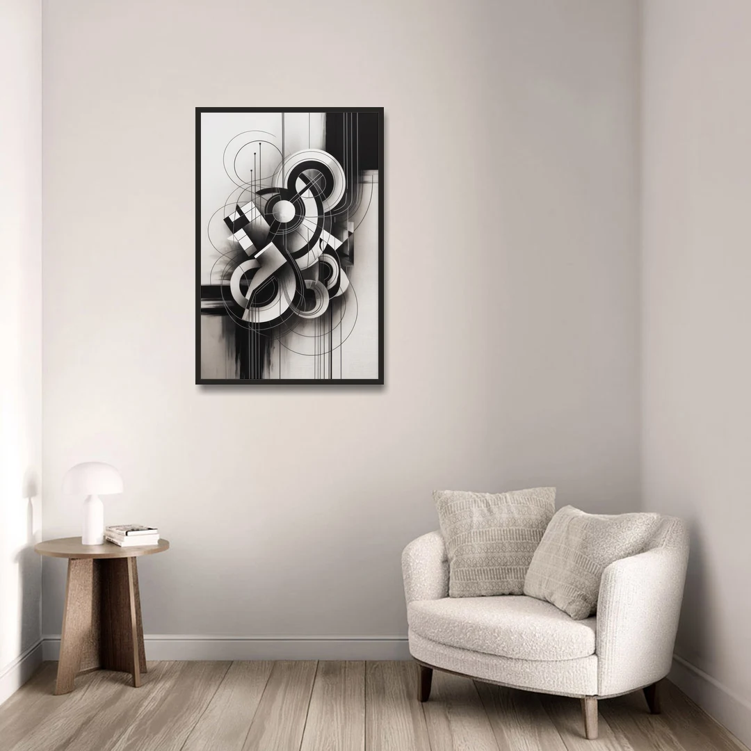 Timeless Geometric Fluidity Black and White Abstract - Black Framed Canvas Wall Art - Sofa - 24x36