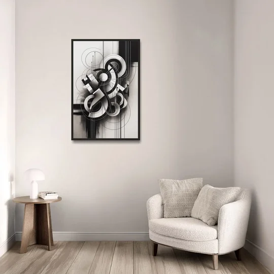 Timeless Geometric Fluidity Black and White Abstract - Black Framed Canvas Wall Art - Sofa - 24x36