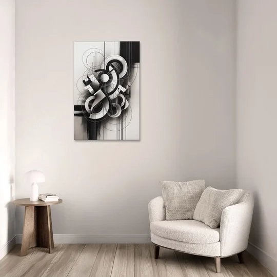 Timeless Geometric Fluidity Black and White Abstract - Canvas Wall Art - Sofa - 24x36