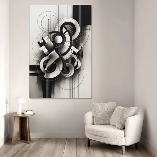 Timeless Geometric Fluidity Black and White Abstract - Canvas Wall Art - Sofa - 40x60